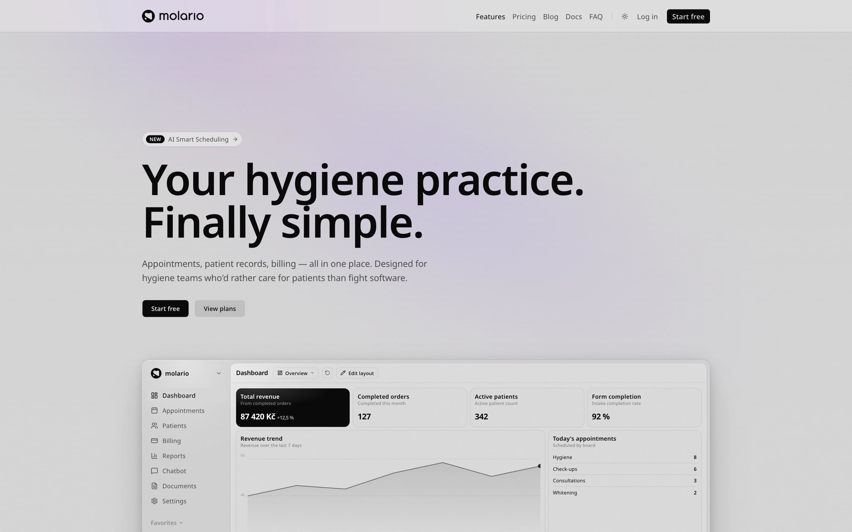 molario homepage with the practice dashboard