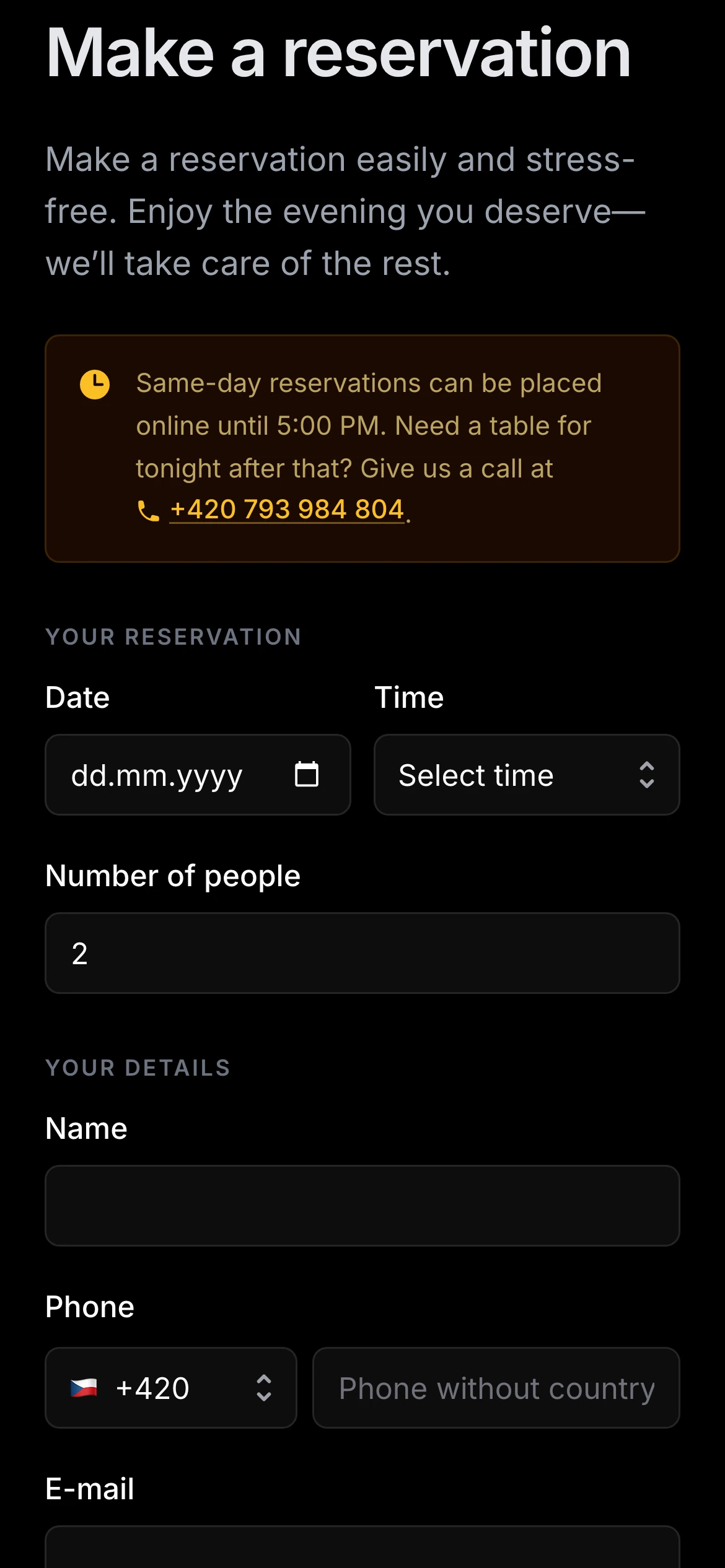 Reservation form on a phone