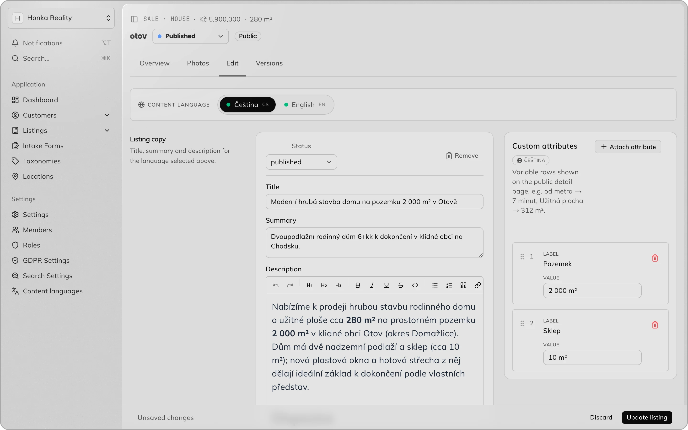 Editor with Czech and English copy and custom attributes