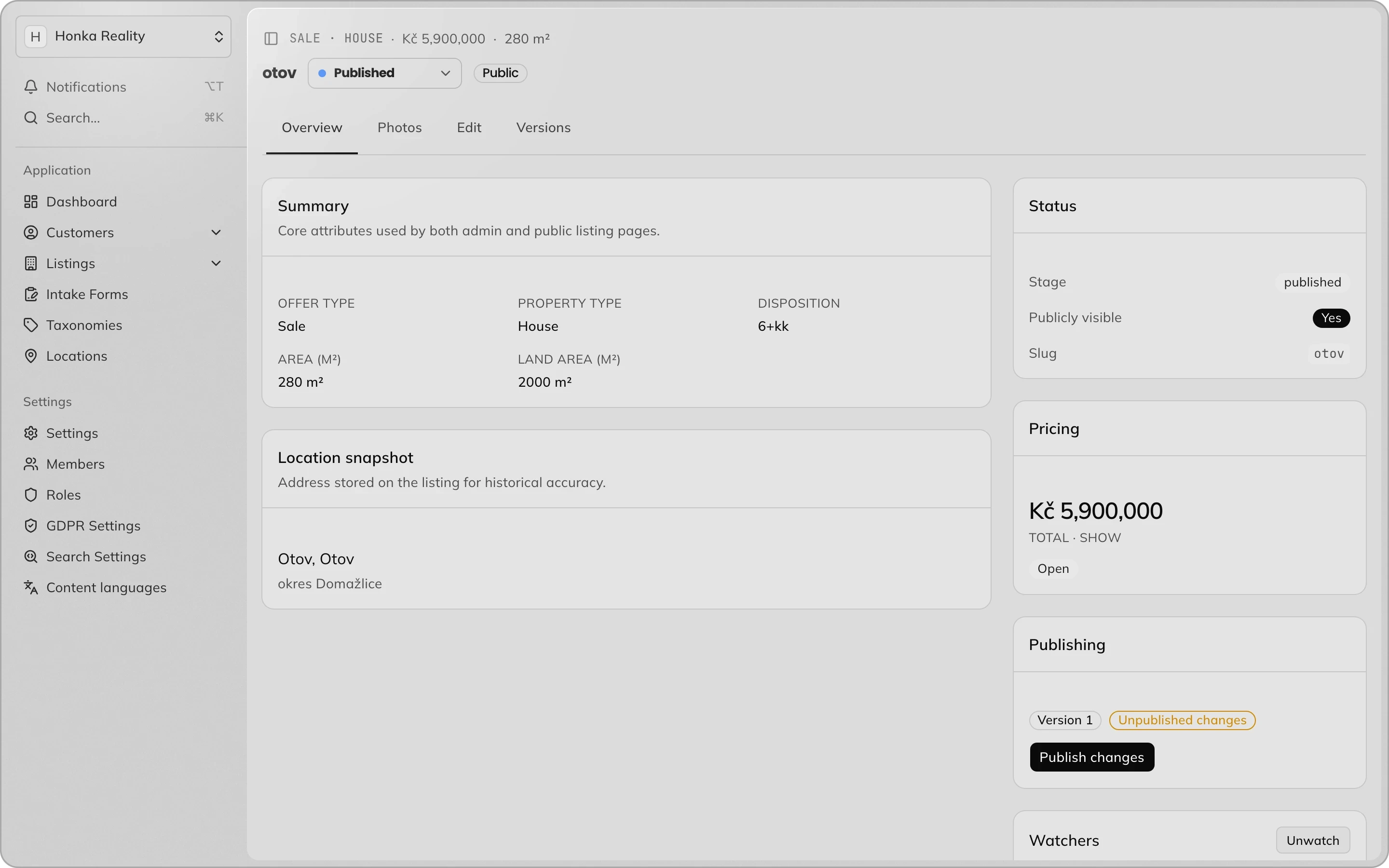 Listing overview: summary, address snapshot, pricing and publishing