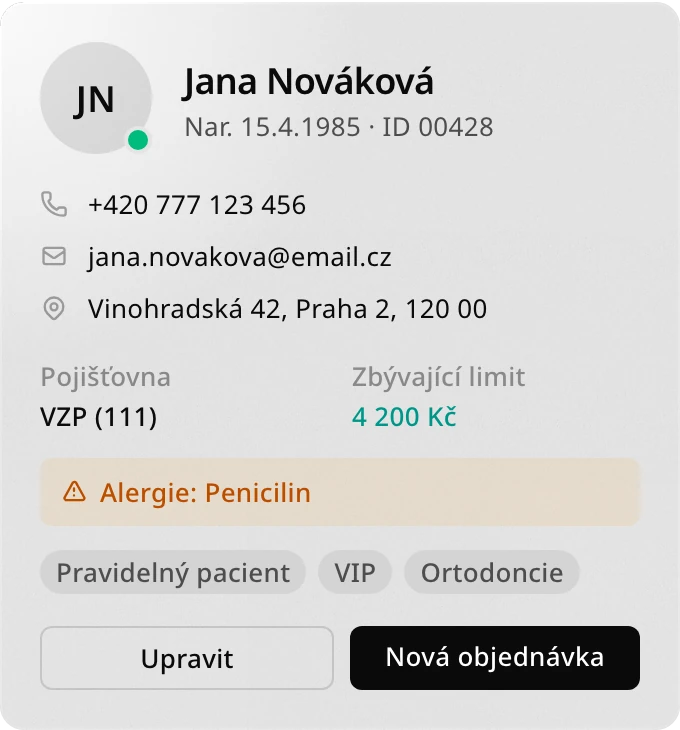 Patient card with insurance and an allergy alert