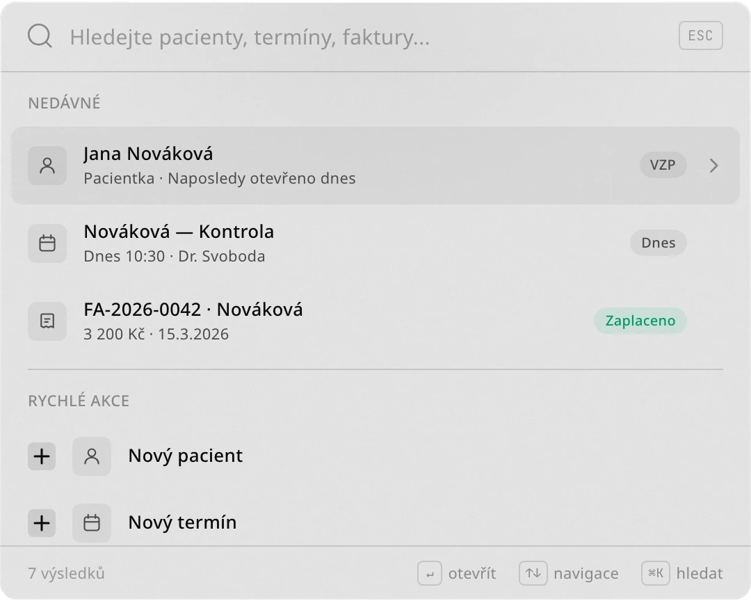 Universal search across patients, appointments and invoices