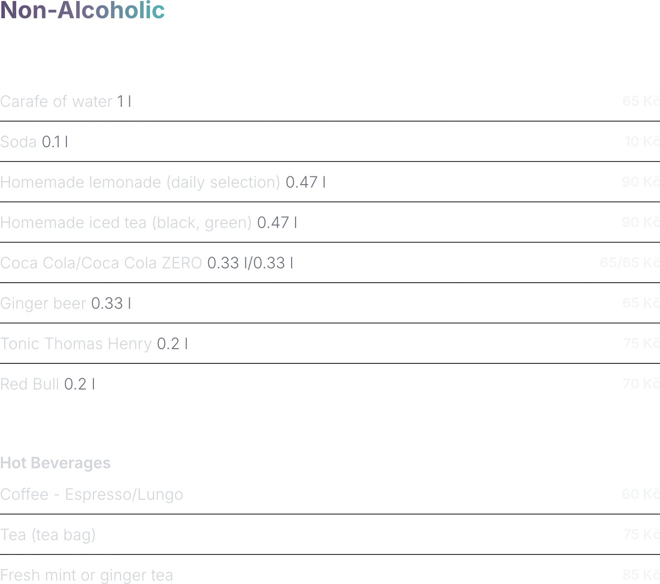 Non-alcoholic drinks menu with prices